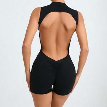 Litthing Women Short Jumpsuit Backless Scrunch Butt Workout Rompers V Back Yoga One Piece Unitards Sleeveless Gym Bodycon