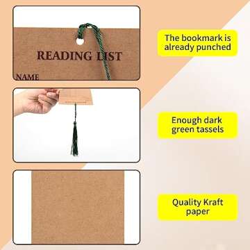 100 Pieces Reading List Bookmark with Tassels, 3 x 8 Inch Kraft Personal Libraries Cards 20 Pieces Tassels for Reading Lovers Kids Students Teachers(Brown)
