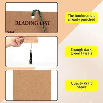 100 Pieces Reading List Bookmark with Tassels, 3 x 8 Inch Kraft Personal Libraries Cards 20 Pieces Tassels for Reading Lovers Kids Students Teachers(Brown)
