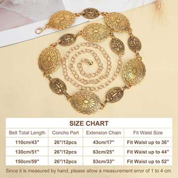 WHIPPY Women Concho Chain Belt Metal Link Western Cowgirl Turquoise Chain Belt for Dress Gold S