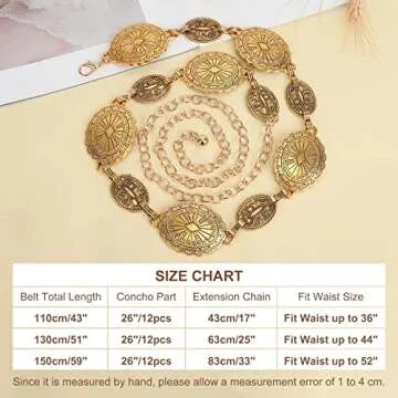 WHIPPY Women Concho Chain Belt Metal Link Western Cowgirl Turquoise Chain Belt for Dress Gold S