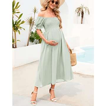 AISWI Women's 2023 Maternity Dress Summer Square Neck Smocked Long Dress Short Puff Sleeves Baby Shower Pregnancy, Light Green, Small