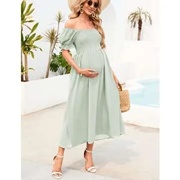 AISWI Women's 2023 Maternity Dress Summer Square Neck Smocked Long Dress Short Puff Sleeves Baby Shower Pregnancy, Light Green, Small