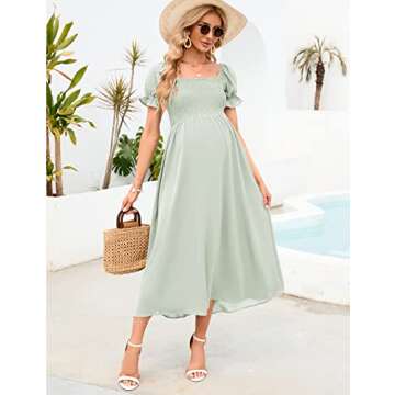 AISWI Women's 2023 Maternity Dress Summer Square Neck Smocked Long Dress Short Puff Sleeves Baby Shower Pregnancy, Light Green, Small