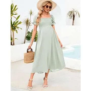 AISWI Women's 2023 Maternity Dress Summer Square Neck Smocked Long Dress Short Puff Sleeves Baby Shower Pregnancy, Light Green, Small