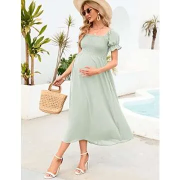 AISWI Women's 2023 Maternity Dress Summer Square Neck Smocked Long Dress Short Puff Sleeves Baby Shower Pregnancy, Light Green, Small
