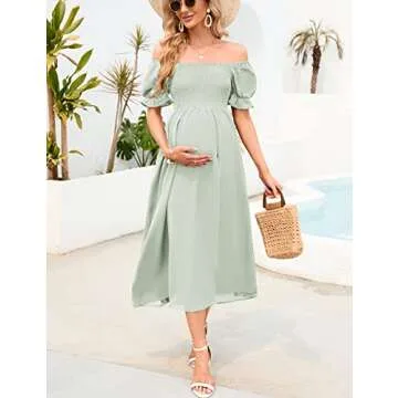 AISWI Women's 2023 Maternity Dress Summer Square Neck Smocked Long Dress Short Puff Sleeves Baby Shower Pregnancy, Light Green, Small