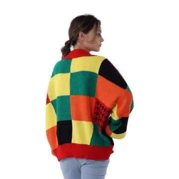 Women’s Color Block Patchwork Cardigan Oversized Crochet Cardigan Sweater Long Sleeve Knitted Button Clothing(0003-Colorful-S-PA)
