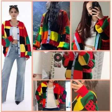 Women’s Color Block Patchwork Cardigan Oversized Crochet Cardigan Sweater Long Sleeve Knitted Button Clothing(0003-Colorful-S-PA)