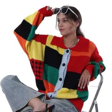 Women’s Color Block Patchwork Cardigan Oversized Crochet Cardigan Sweater Long Sleeve Knitted Button Clothing(0003-Colorful-S-PA)