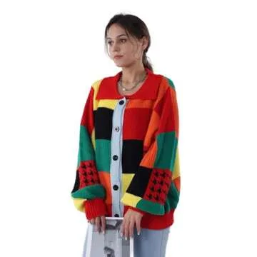 Women’s Color Block Patchwork Cardigan Oversized Crochet Cardigan Sweater Long Sleeve Knitted Button Clothing(0003-Colorful-S-PA)