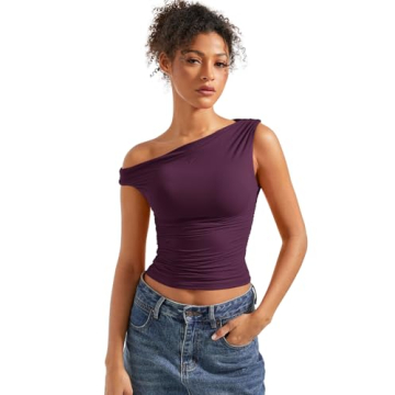 SUUKSESS Women Off Shoulder Tops Sleeveless Shirts Y2K Trendy Going Out Crop Tank Top (Violet,L)