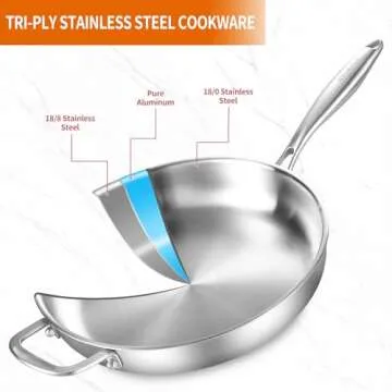 DELARLO Tri-Ply Stainless Steel Pan with Lid 12inch丨Full Clad Cookware Compatible with All Cooktop...