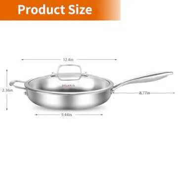 DELARLO 12-Inch Tri-Ply Stainless Steel Pan with Lid