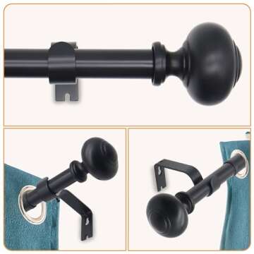 QITERI Curtain Rod 72"-144" for windows 1 Pack with Round Finials, 1" Diameter Rod Decorative Round Finials Adjustable Telescoping Black Drapery Rod of Window Treatment
