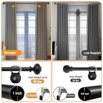 QITERI Curtain Rod 72"-144" for windows 1 Pack with Round Finials, 1" Diameter Rod Decorative Round Finials Adjustable Telescoping Black Drapery Rod of Window Treatment