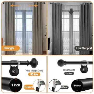 QITERI Curtain Rod 72"-144" for windows 1 Pack with Round Finials, 1" Diameter Rod Decorative Round Finials Adjustable Telescoping Black Drapery Rod of Window Treatment