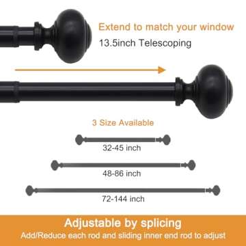 QITERI Curtain Rod 72"-144" for windows 1 Pack with Round Finials, 1" Diameter Rod Decorative Round Finials Adjustable Telescoping Black Drapery Rod of Window Treatment