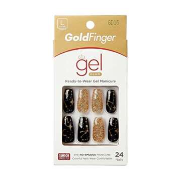 Gold Finger Gel Glam Press On Design Nail Kit, Black and Gold Artsy Design, Polish Free Manicure Long Length (GD16) Long lasting, Sturdy, Mini Glue Included