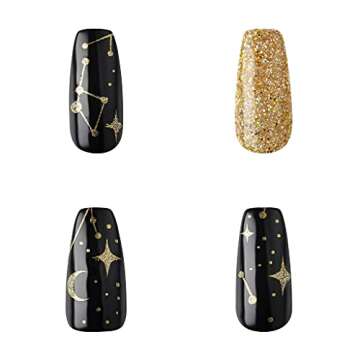 Gold Finger Gel Glam Press On Design Nail Kit, Black and Gold Artsy Design, Polish Free Manicure Long Length (GD16) Long lasting, Sturdy, Mini Glue Included