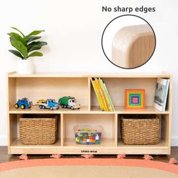 SPARK & WOW 5-Compartment Solid Wood Storage Cabinet - Toy Shelf Organizer - Shelves for Classroom - Includes Optional Wheels
