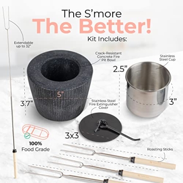 Similex Indoor S'Mores Kit - Beech Wood Tabletop Smores Maker with 4 Roasting Sticks, Concrete Fire Pit Bowl & Fire Extinguisher Cover - Smores Maker Tabletop Indoor, Perfect for Sleepovers