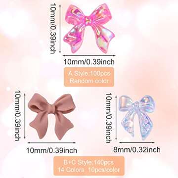 HINZIC 240 Pcs Aurora Bow Nail Charm 3D Bows Nail Charm Colorful Bowknot Charm for Acrylic Nails Cut...