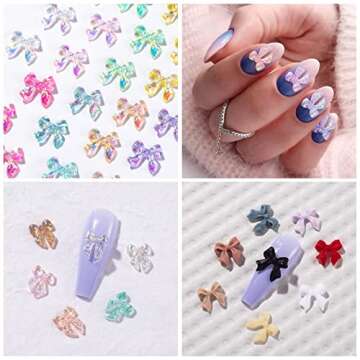 HINZIC 240 Pcs Aurora Bow Nail Charm 3D Bows Nail Charm Colorful Bowknot Charm for Acrylic Nails Cute Butterfly Pearl Resin Rhinestone Glitter Christmas Wedding Prom Accessories