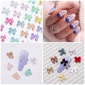 HINZIC 240 Pcs Aurora Bow Nail Charm 3D Bows Nail Charm Colorful Bowknot Charm for Acrylic Nails Cute Butterfly Pearl Resin Rhinestone Glitter Christmas Wedding Prom Accessories