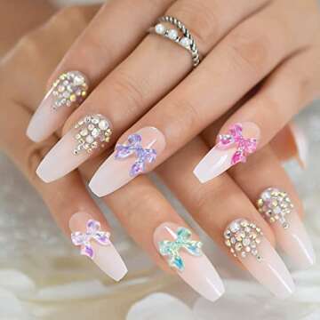 HINZIC 240 Pcs Aurora Bow Nail Charm 3D Bows Nail Charm Colorful Bowknot Charm for Acrylic Nails Cute Butterfly Pearl Resin Rhinestone Glitter Christmas Wedding Prom Accessories