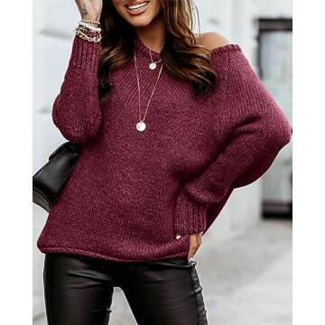 BTFBM Women Casual Long Sleeve Fall Sweaters Crew Neck Solid Color Soft Ribbed Knitted Oversized Pullover Loose Fit Jumper(Solid Burgundy, Small)