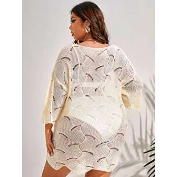 MakeMeChic Women's Plus Size Swimsuit Crochet Cover Up Bathing Suit Beach Dress Beige 2XL