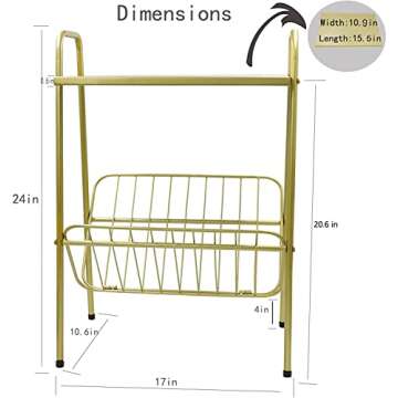 Jbikao Side Table, Gold End Table with Magazine Holder, Record Player Stand with Storage, Bedside Ta...