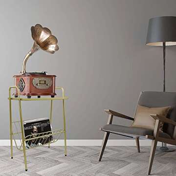Jbikao Side Table, Gold End Table with Magazine Holder, Record Player Stand with Storage, Bedside Table Nightstand for Living Room, Bedroom, Office, Metal