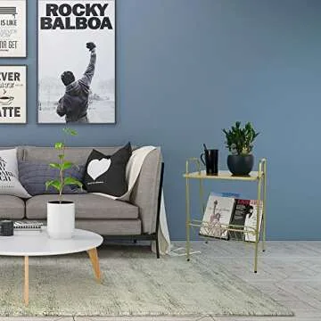 Jbikao Side Table, Gold End Table with Magazine Holder, Record Player Stand with Storage, Bedside Table Nightstand for Living Room, Bedroom, Office, Metal