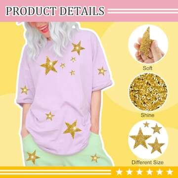 24 Pcs Gold Star Patches, Glitter Star Iron on Patches, Adhesive Applique Hot Glue Rhinestone Stars for Clothing Jeans Bags Hats Repair Decoration (4 Size)