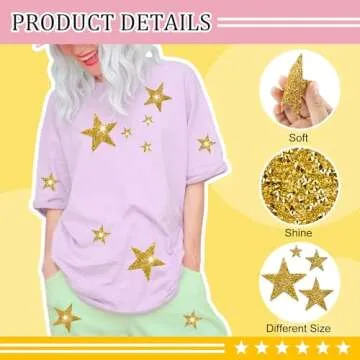 24 Pcs Gold Star Patches, Glitter Star Iron on Patches, Adhesive Applique Hot Glue Rhinestone Stars for Clothing Jeans Bags Hats Repair Decoration (4 Size)