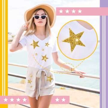 24 Pcs Gold Star Patches, Glitter Star Iron on Patches, Adhesive Applique Hot Glue Rhinestone Stars for Clothing Jeans Bags Hats Repair Decoration (4 Size)