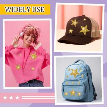 24 Pcs Gold Star Patches, Glitter Star Iron on Patches, Adhesive Applique Hot Glue Rhinestone Stars for Clothing Jeans Bags Hats Repair Decoration (4 Size)