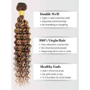 AUROO Honey Blonde Highlight Deep Wave Bundles with Frontal Closure, 10A Thick Tracks Deep Wave 13x4 Ear to Ear Lace frontal and 3 Bundles Virgin Hair 4/27 Ombre Brown Curly Bundles 10 12 14 + 10 Inch