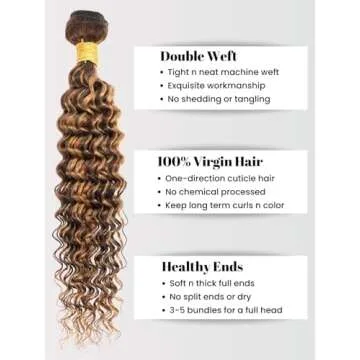 AUROO Honey Blonde Highlight Deep Wave Bundles with Frontal Closure, 10A Thick Tracks Deep Wave 13x4 Ear to Ear Lace frontal and 3 Bundles Virgin Hair 4/27 Ombre Brown Curly Bundles 10 12 14 + 10 Inch