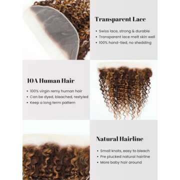 AUROO Honey Blonde Highlight Deep Wave Bundles with Frontal Closure, 10A Thick Tracks Deep Wave 13x4 Ear to Ear Lace frontal and 3 Bundles Virgin Hair 4/27 Ombre Brown Curly Bundles 10 12 14 + 10 Inch