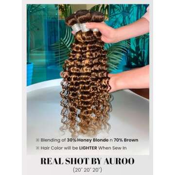 AUROO Honey Blonde Highlight Deep Wave Bundles with Frontal Closure, 10A Thick Tracks Deep Wave 13x4 Ear to Ear Lace frontal and 3 Bundles Virgin Hair 4/27 Ombre Brown Curly Bundles 10 12 14 + 10 Inch