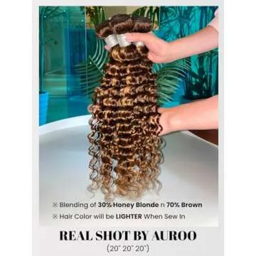 AUROO Honey Blonde Highlight Deep Wave Bundles with Frontal Closure, 10A Thick Tracks Deep Wave 13x4 Ear to Ear Lace frontal and 3 Bundles Virgin Hair 4/27 Ombre Brown Curly Bundles 10 12 14 + 10 Inch