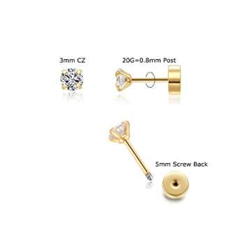 3mm Tiny CZ Screw on Flat Back Stud Earrings,Gold Plated Flat Back Cubic Zirconia Earrings for Helix...