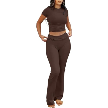 ANRABESS 2 Piece Sets for Women Lounge Loungewear Sets Foldover Yoga Flare Leggings Pants and Croppe...