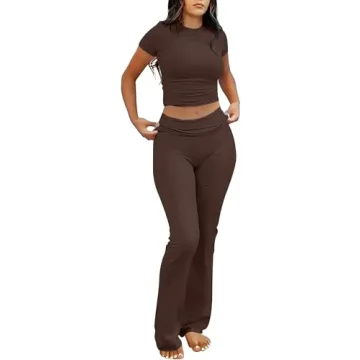 ANRABESS 2 Piece Sets for Women Lounge Loungewear Sets Foldover Yoga Flare Leggings Pants and Croppe...