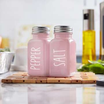 Pink Salt and Pepper Shakers Set - Pink Kitchen Decor and Accessories - Cute Glass Salt Shaker for Kitchen and Table, RV, Camp,BBQ