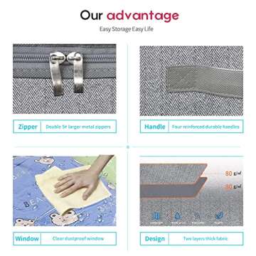 Onlyeasy Large Underbed Storage Bags Organizer Container (2 Pack) with 4 Handles and 2 Sturdy Zippers, Blankets Clothes Comforters Foldable Storage Bags with Clear Window, Herringbone Grey, MXRUBBP2