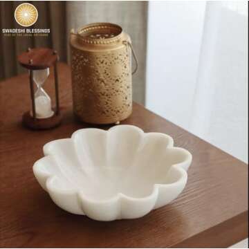 HandCrafted Marble Large Decorative Bowl | White Decorative Bowls for Home Decor | Ruffle Bowl | Sca...